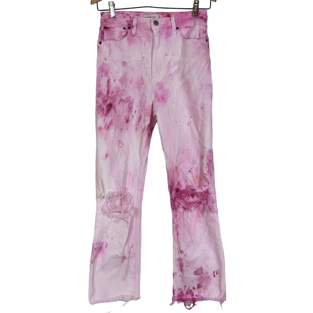 Abercrombie Ultra High Rise Ankle Straight Distressed Tie Dye Jeans Size 27 Pink